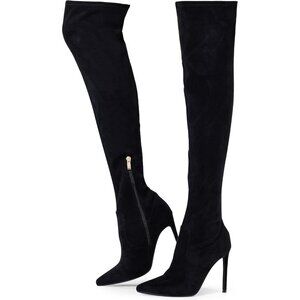 Women Black Suede Pointed Toe 4.3 inch Stilettos Thigh High Heels Stretch Boots